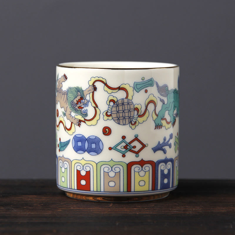 Nimara Ritual Vintage Plum Blossom Pine Bamboo Phoenix Kirin Lion Dancing Ceramic Teacup Tea Cups