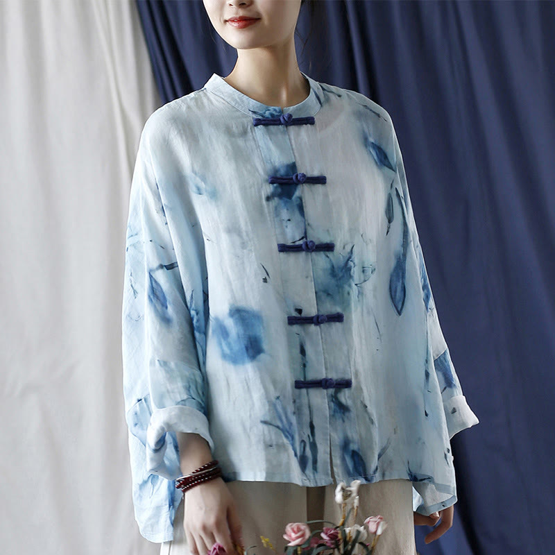 Nimara Ritual Tie Dye Blue Flowers Frog-Button Design Long Sleeve Ramie Linen Jacket Shirt