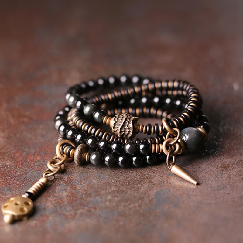 Nimara Ritual Rainbow Obsidian Ebony Wood Copper Positive Multilayer Bracelet