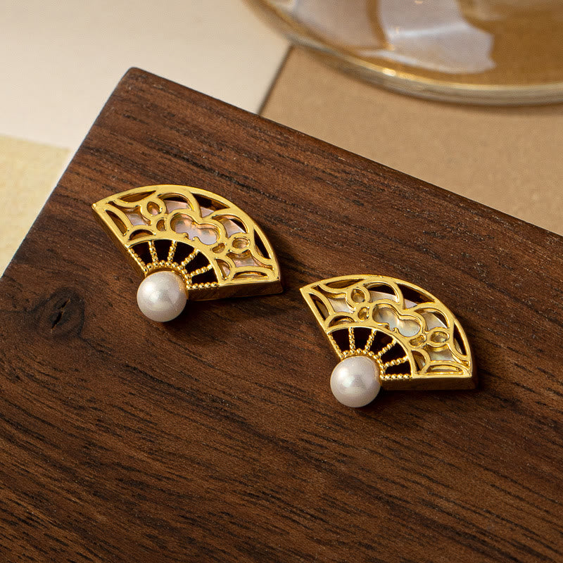 Nimara Ritual 925 Sterling Silver Posts Fan Pattern Pearl Copper Wisdom Stud Drop Earrings