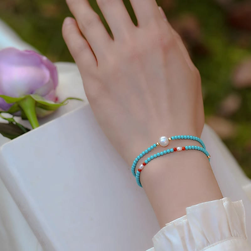 Nimara Ritual Turquoise Red Agate Pearl Small Beaded Protection Bracelet