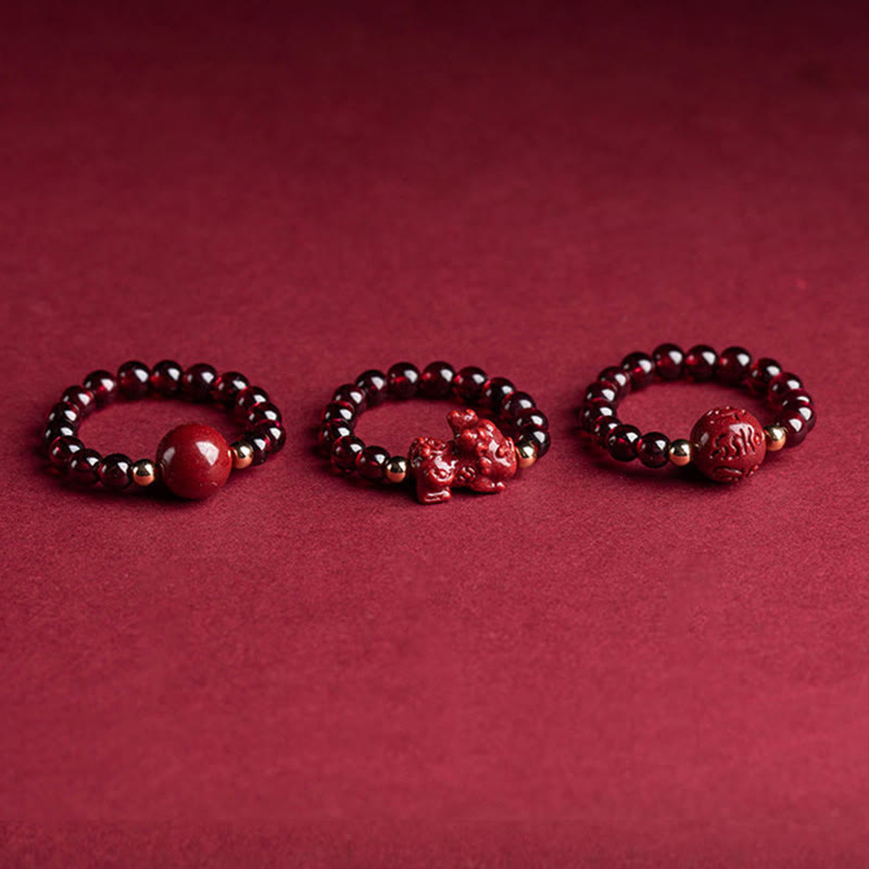 Nimara Ritual Garnet Cinnabar Lucky Bead PiXiu Om Mani Padme Hum Rose Protection Ring