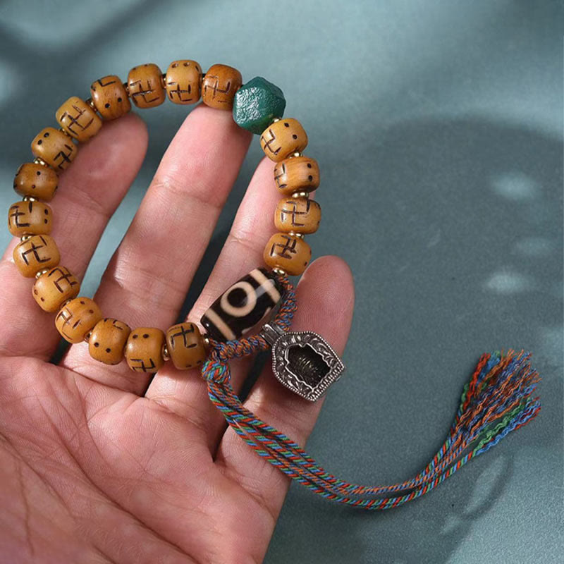 Nimara Ritual Natural Tibetan Camel Bone Swastika Dzi Bead Shankha Buddha Charm Kirtimukha Luck Protection Tassel Bracelet