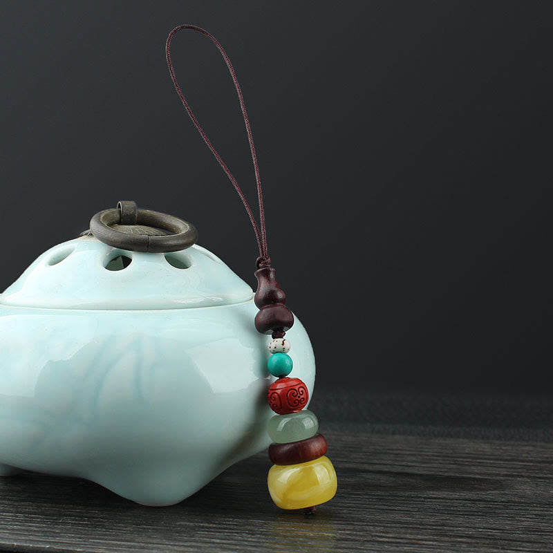 Nimara Ritual Green Sandalwood Ebony Wood Gourd Seven Layer Pagoda Positive Phone Hanging Decoration