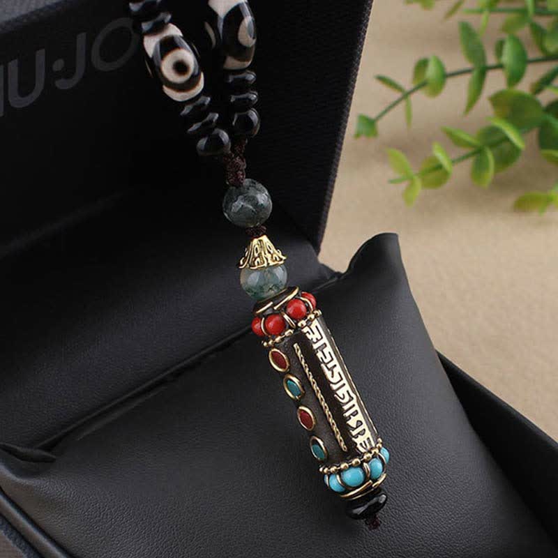 Nimara Ritual Tibetan Om Mani Padme Hum Dzi Bead Wenge Wood Necklace Pendant