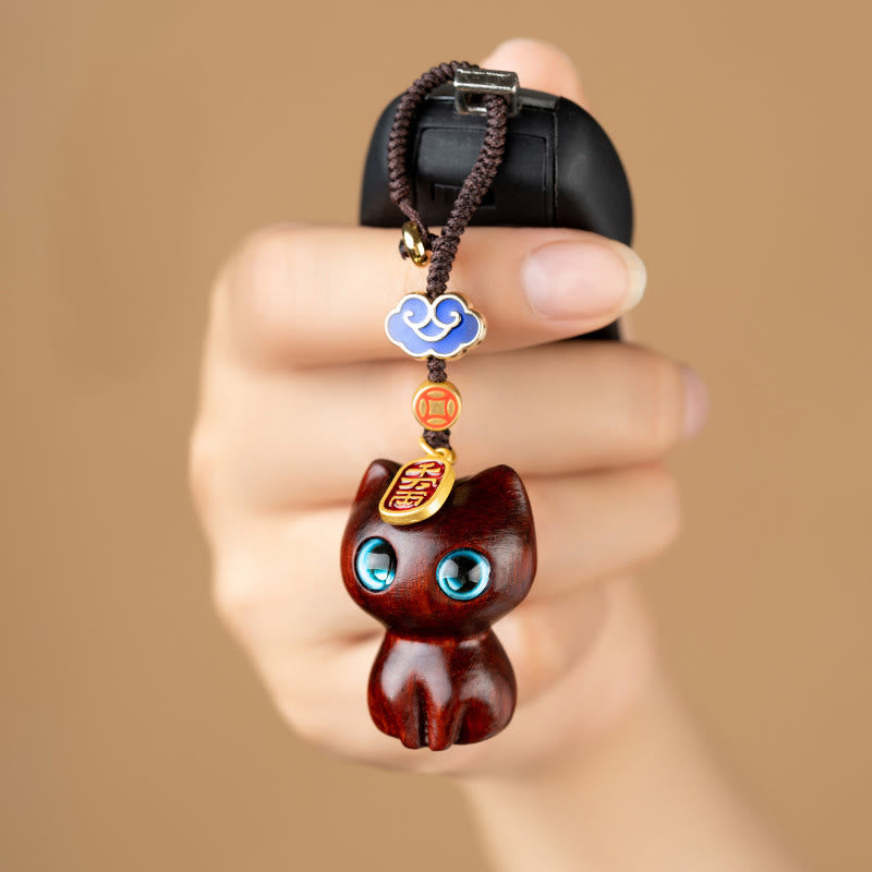 Nimara Ritual Small Leaf Red Sandalwood Ebony Wood Lucky Cat Protection Key Chain Phone Hanging Decoration