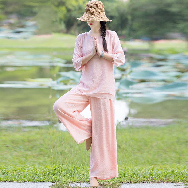 Nimara Ritual 2Pcs Plain Design Top Pants Meditation Yoga Zen Tai Chi Cotton Linen Clothing Women's Set
