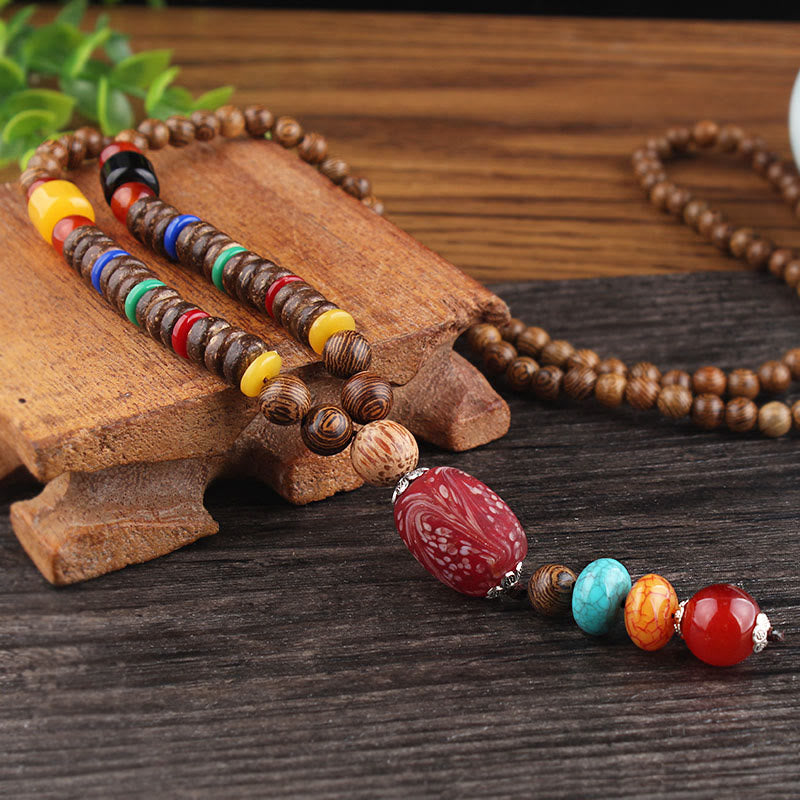 Nimara Ritual Tibetan Wenge Wood Bodhi Seed Agate Balance Peace Necklace Pendant