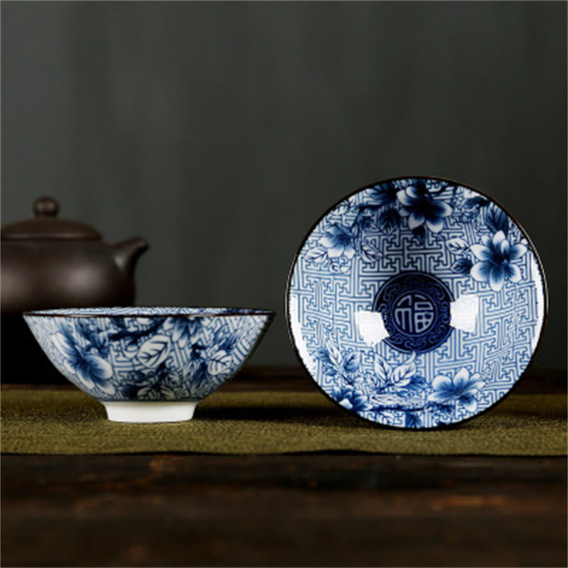 Nimara Ritual Flowers Fu Character Mountains Lotus Cherry Blossoms Ceramic Teacup Kung Fu Tea Cup