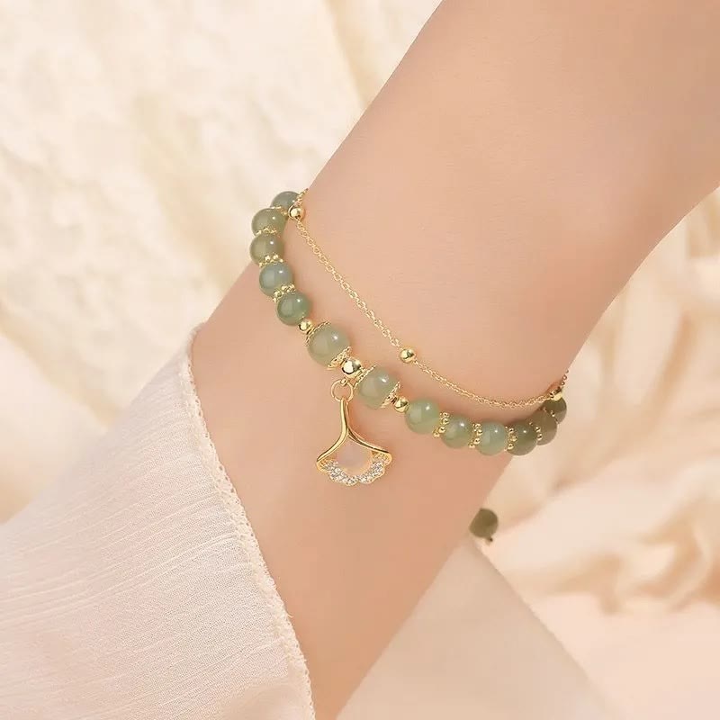 Nimara Ritual Jade Leaf Ginkgo Tulip Peanut Fu Character Luck Beaded Bracelet