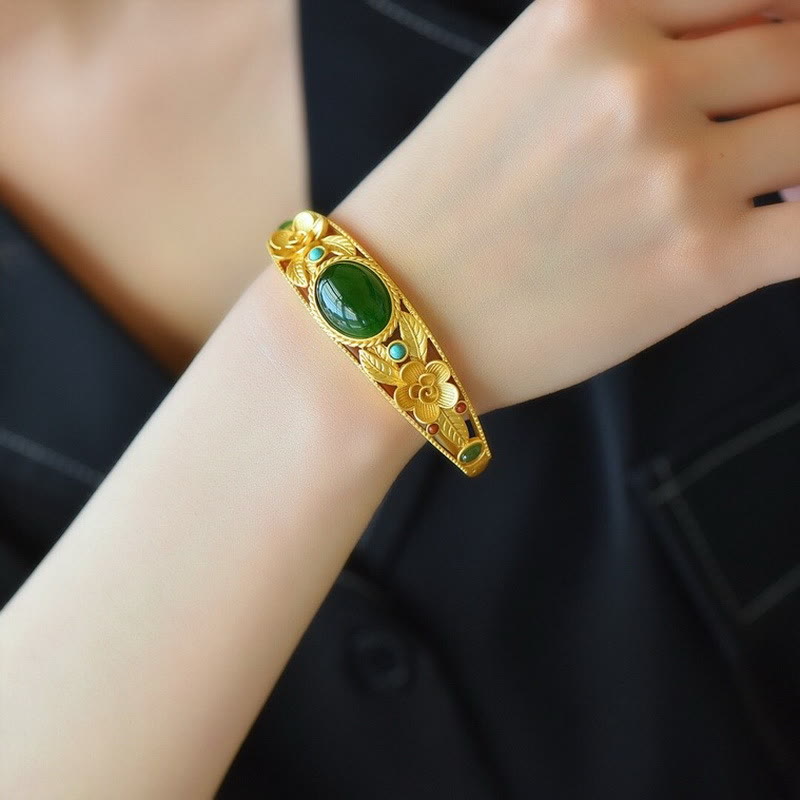 Nimara Ritual Cyan Jade White Jade Flower Leaf Harmony Luck Bracelet Bangle