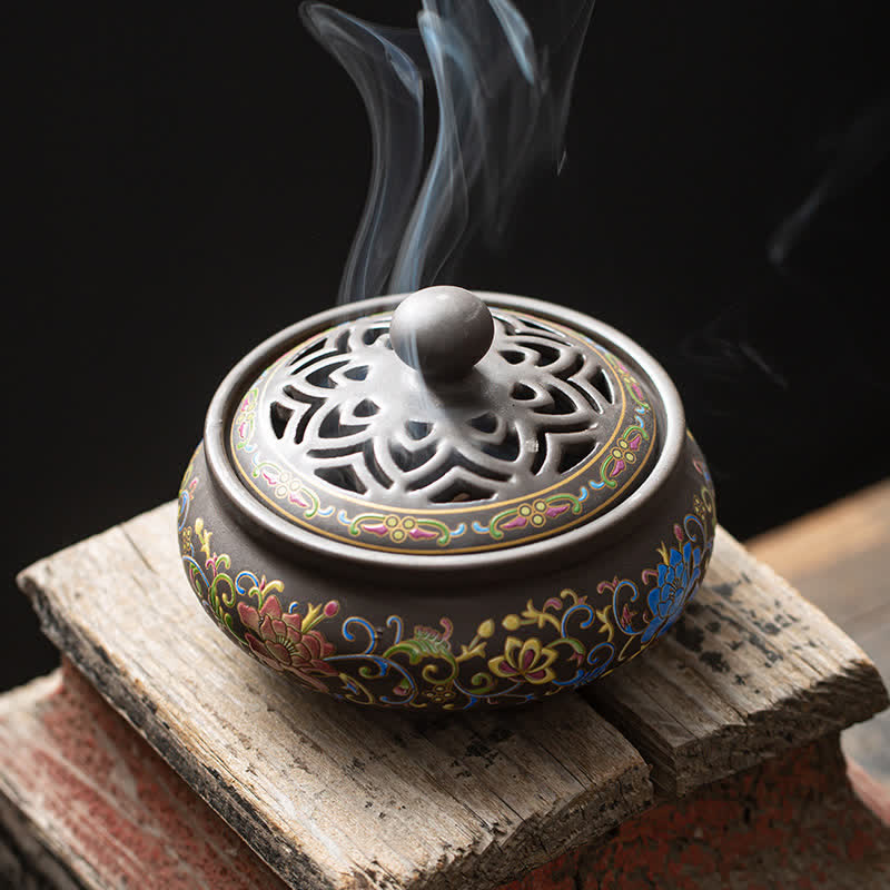 Nimara Ritual Tibetan Floral Pattern Ceramic Blessing Incense Burner Decoration