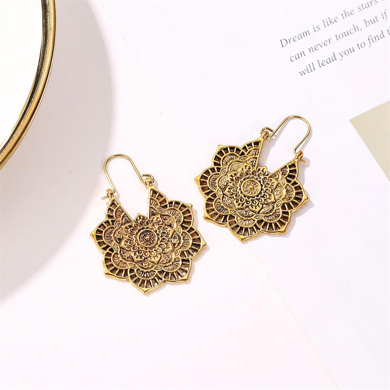 Nimara Ritual Tibetan Lotus Engraving Copper Blessing Drop Earrings