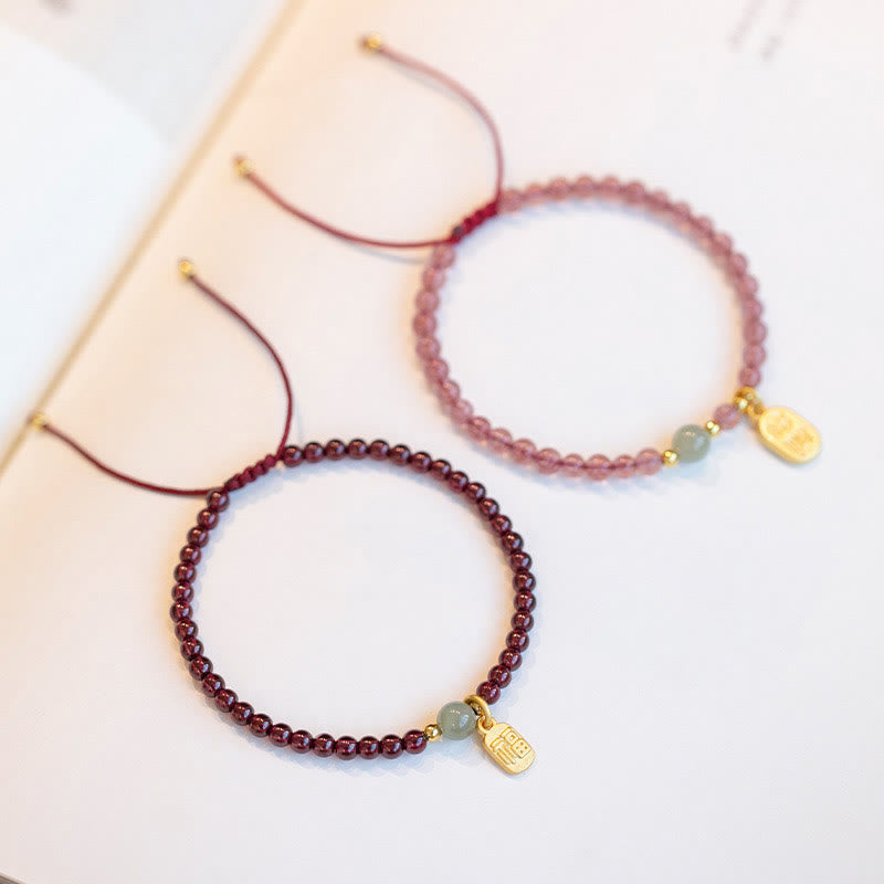 Nimara Ritual Natural Strawberry Quartz Garnet Jade Lucky Fortune Fu Character Healing Charm Bracelet