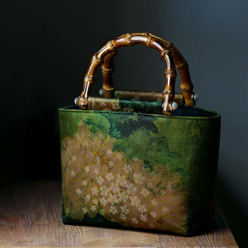 Nimara Ritual Yellow Bird Branches Green Peony Flower Bamboo Handles Handbag