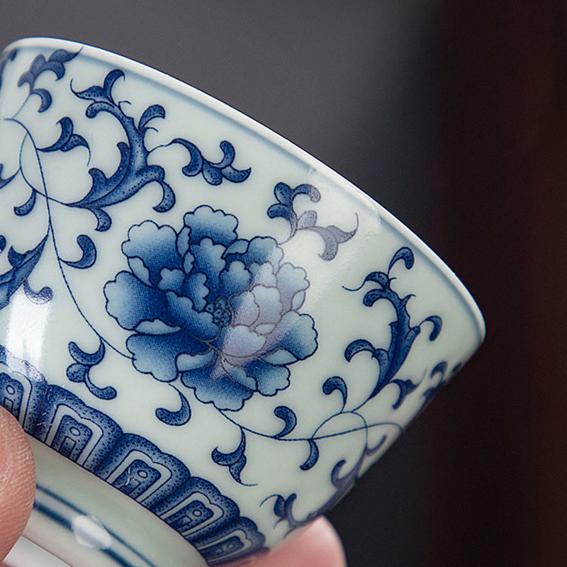 Nimara Ritual Blue Landscape Mountains Lotus Cute Cat Pavilions Magnolia Reed Egrets Ceramic Teacup Small Kung Fu Tea Cup