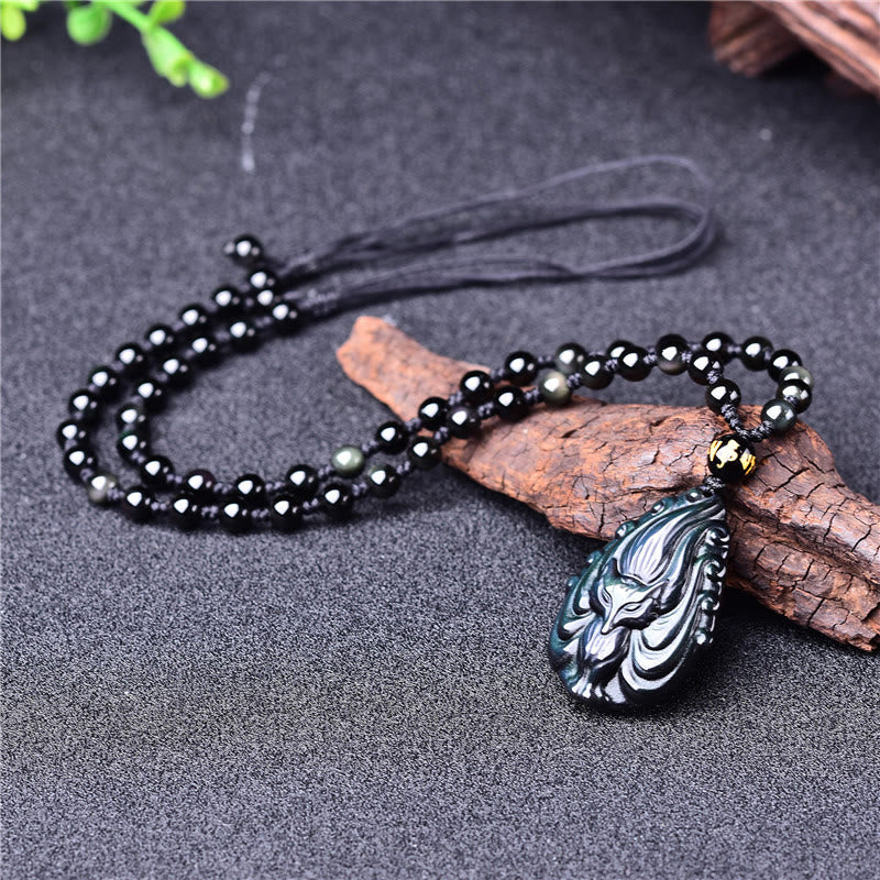 Nimara Ritual Natural Rainbow Obsidian Nine Tailed Fox Inner Peace Necklace Beaded String Pendant
