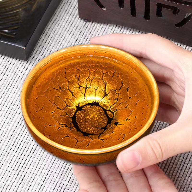 Nimara Ritual Gold Spot Pattern Chinese Jianzhan Ceramic Teacup Kung Fu Tea Cup Bowl With Gift Box
