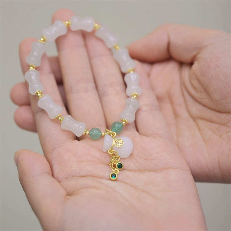 Nimara Ritual Natural White Golden Silk Jade Bamboo Pattern Wealth Lucky Bag Fu Character Bracelet