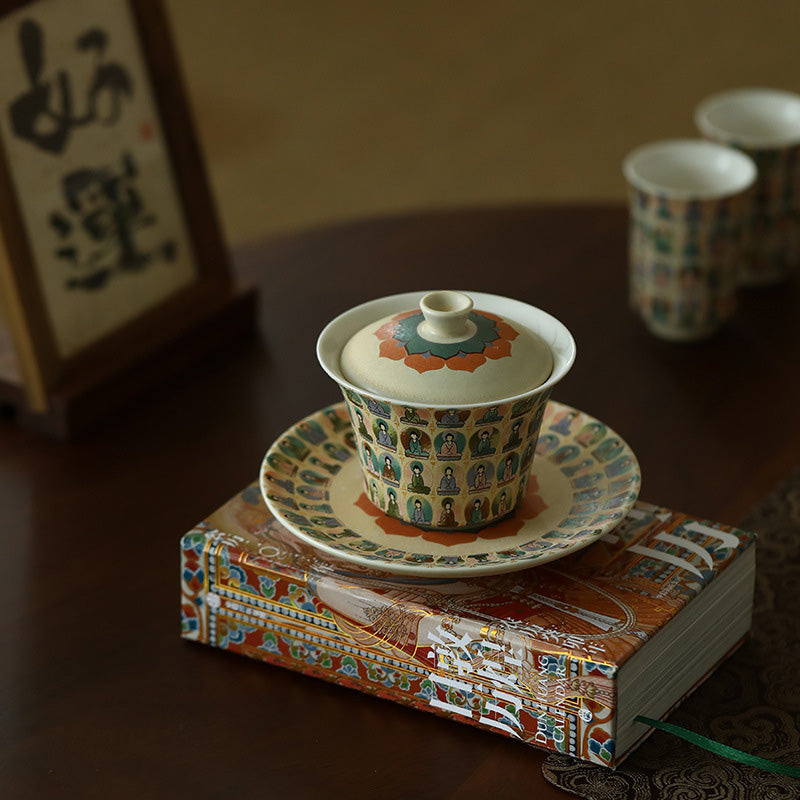 Nimara Ritual Dunhuang Color Thousand Buddhas Flying Apsaras Pattern Gaiwan Teacup Kung Fu Tea Cup With Lid
