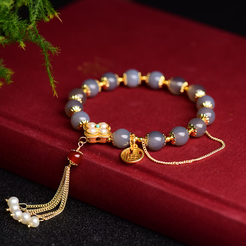 Nimara Ritual Natural Gray Agate Fu Character Pearl Tassel Balance Bracelet