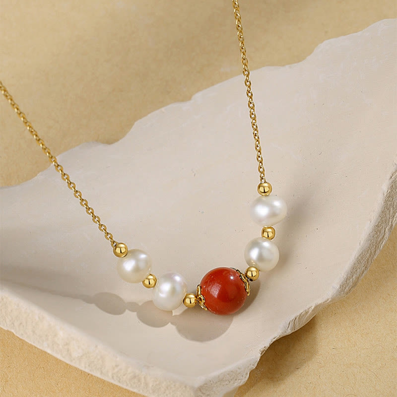 Nimara Ritual 925 Sterling Silver Pearl Cinnabar Sincerity Healing Bead Chain Necklace Pendant