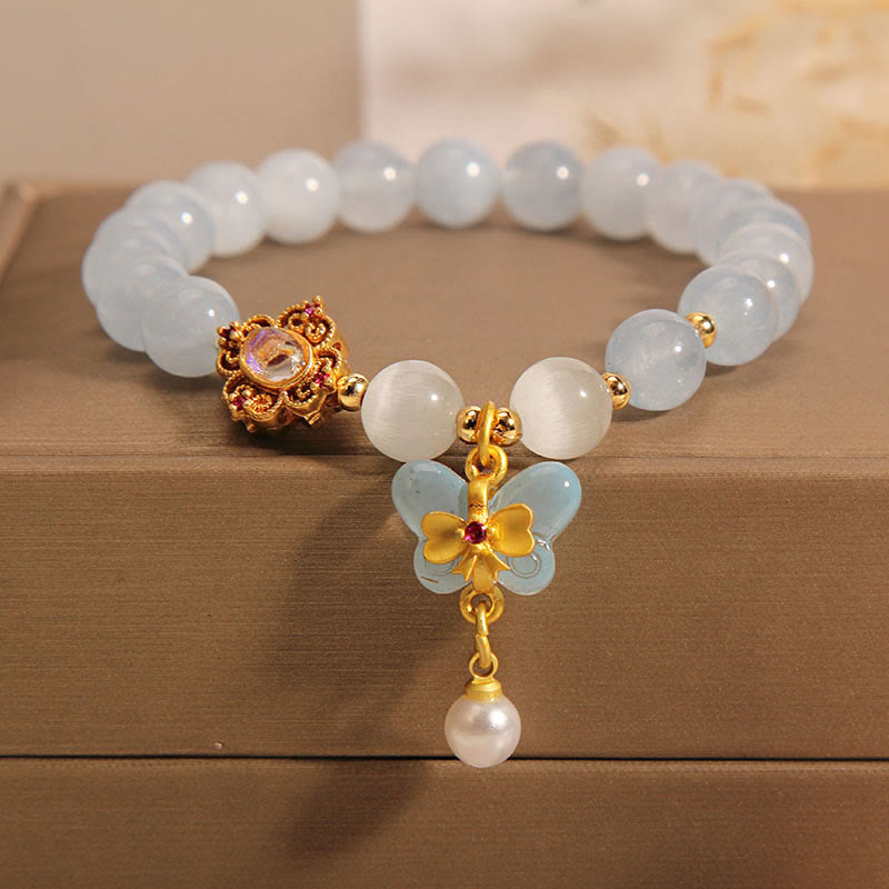 Nimara Ritual Aquamarine Cat's Eye Healing Butterfly Pearl Charm Bracelet