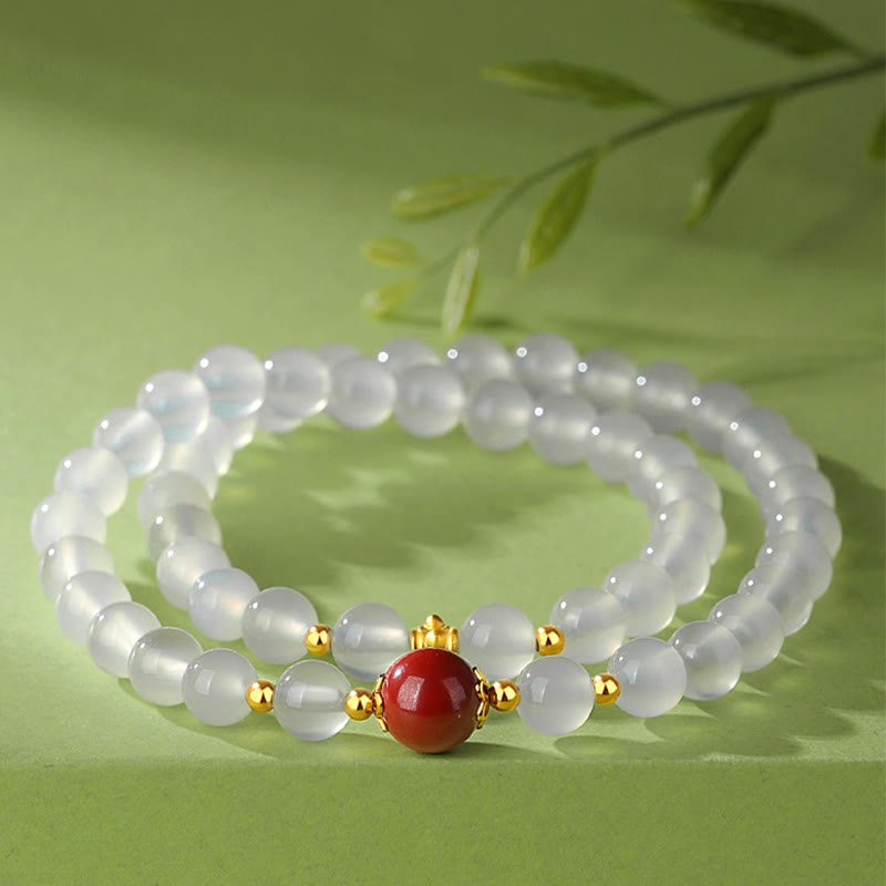 Nimara Ritual 925 Sterling Silver Natural White Agate Cinnabar Double Wrap Protection Bracelet