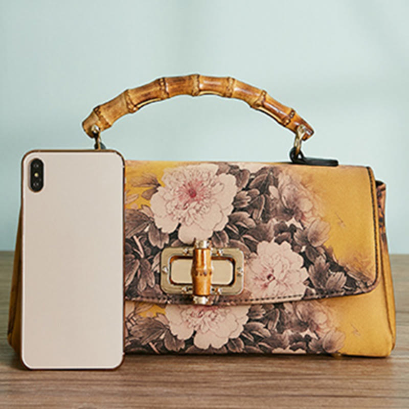 Nimara Ritual Flower Pattern Bamboo Handle Metal Chain Crossbody Bag Handbags
