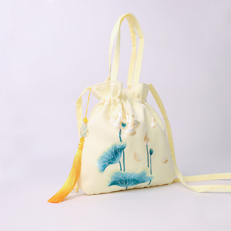 Nimara Ritual Lotus Peony Epiphyllum Phoenix Suzhou Embroidery Cotton Linen Tote Crossbody Bag Shoulder Bag Handbag