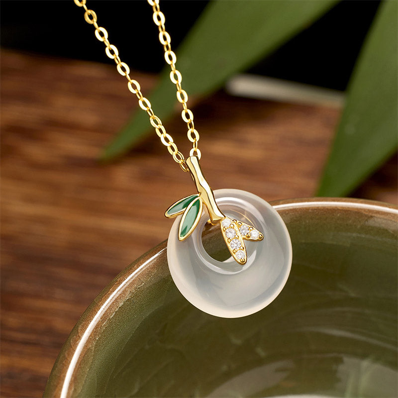 Nimara Ritual 925 Sterling Silver Natural Chalcedony Bamboo Leaf Peace Buckle Positive Necklace Pendant