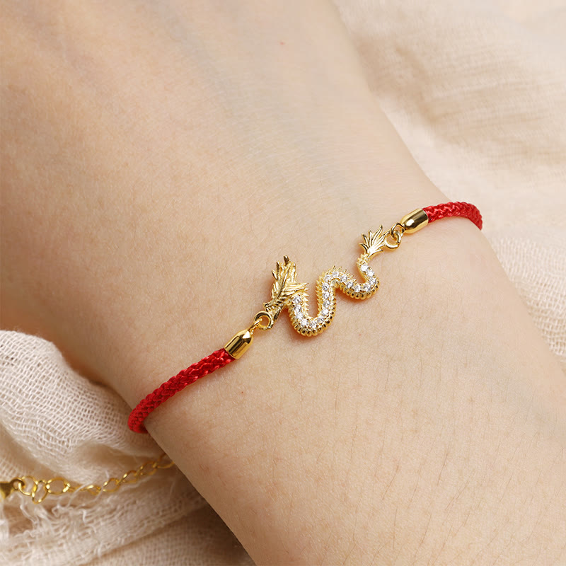 Nimara Ritual 925 Sterling Silver Year Of The Dragon Auspicious Golden Dragon Luck Red Rope Chain Bracelet