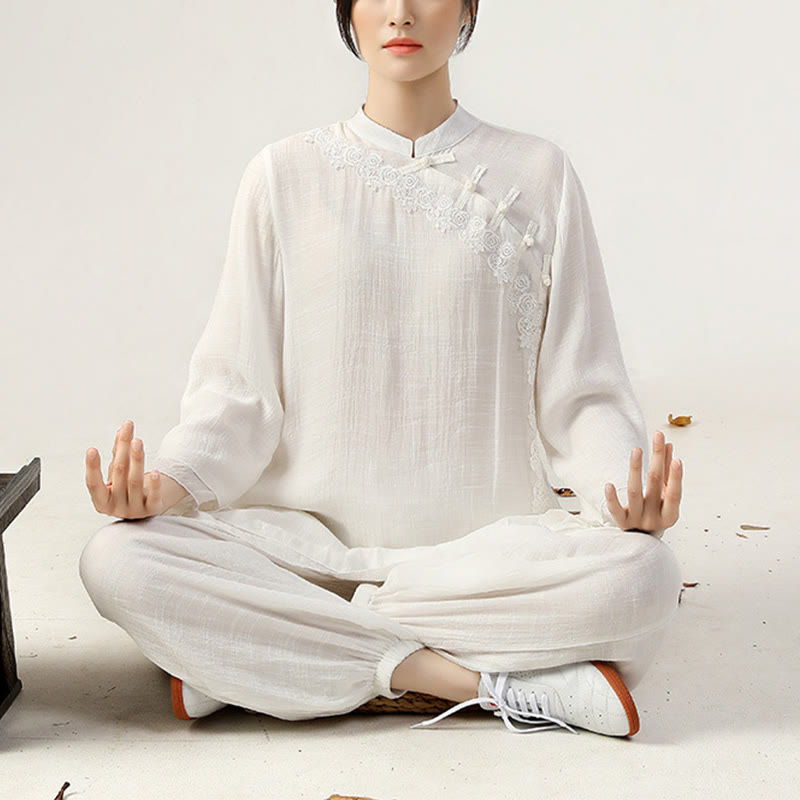 Nimara Ritual 2Pcs Long Sleeve Frog-Button Meditation Prayer Zen Practice Tai Chi Uniform Clothing Women's Set