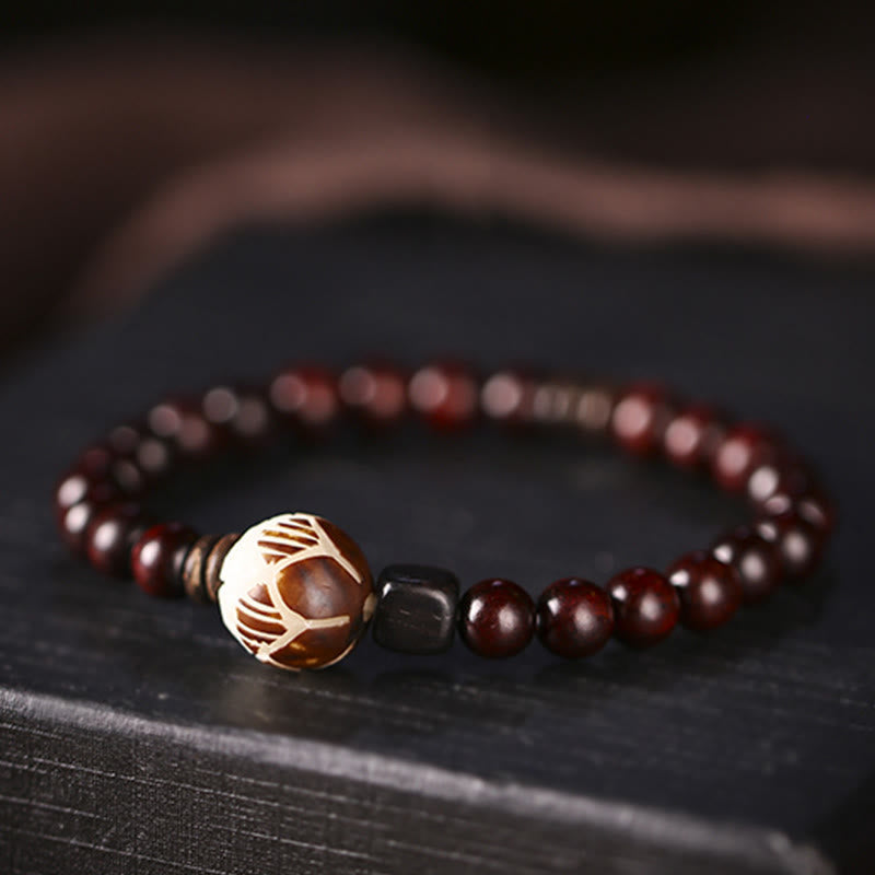 Nimara Ritual Small Leaf Red Sandalwood Lotus Bodhi Seed Carved Protection Double Wrap Bracelet