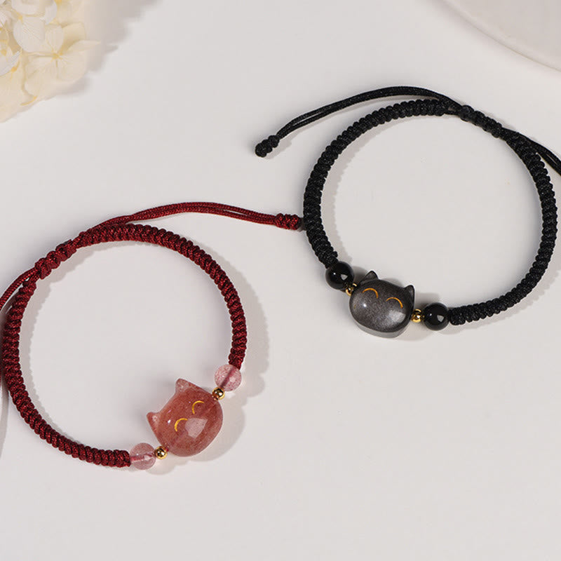 Nimara Ritual Handmade Natural Silver Sheen Obsidian Strawberry Quartz Cute Cat Protection Braided Bracelet