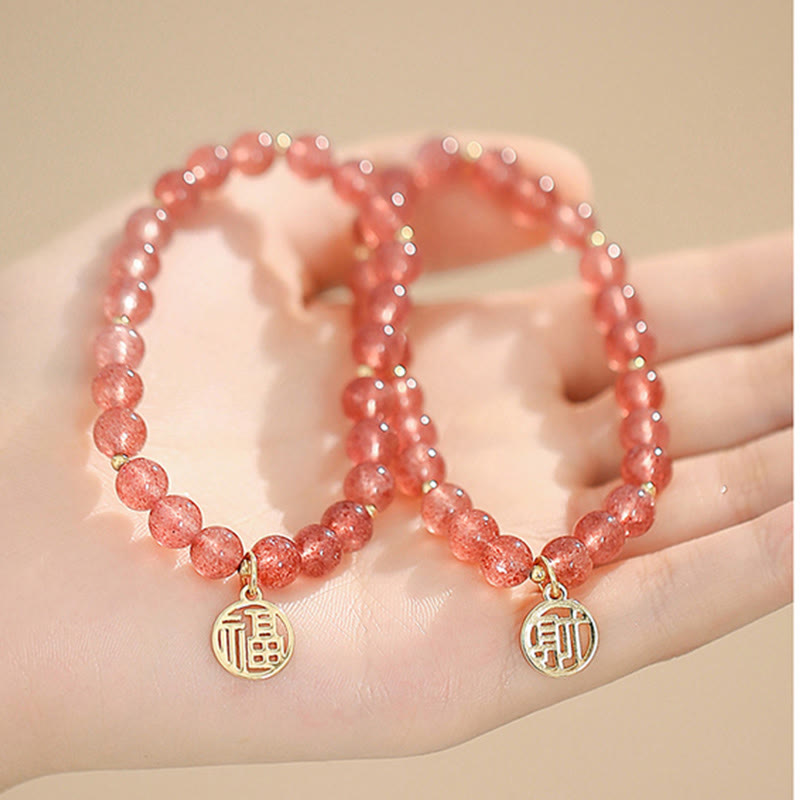 Nimara Ritual 14K Gold Plated Strawberry Quartz Fu Character Healing Charm Bracelet