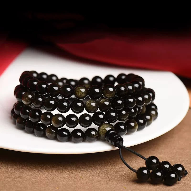 Nimara Ritual 108 Mala Beads Natural Gold Sheen Obsidian Wealth Bracelet