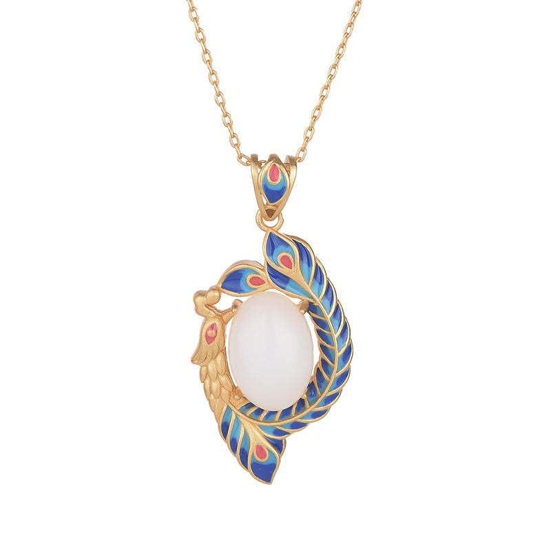 Nimara Ritual White Jade Peacock Copper Blessing Necklace Pendant