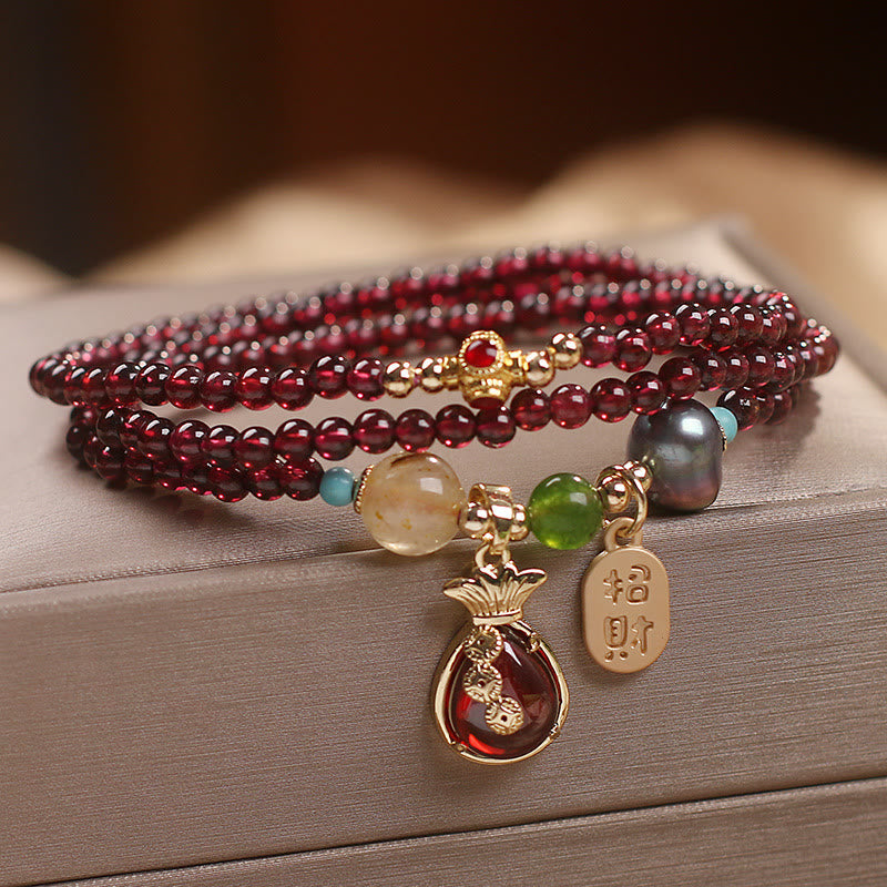 Nimara Ritual Multi Layered Natural Garnet Jade Coin Money Bag Attracting Wealth Protection Bracelet