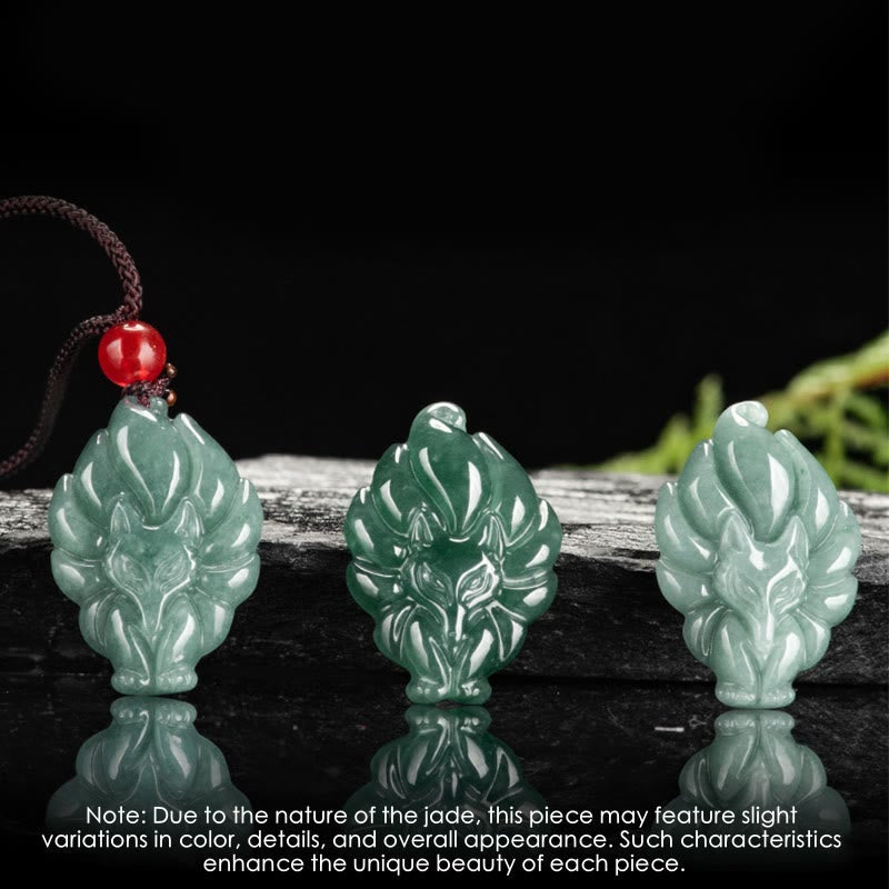Nimara Ritual Natural Green Jade Nine Tailed Fox Luck Necklace Pendant