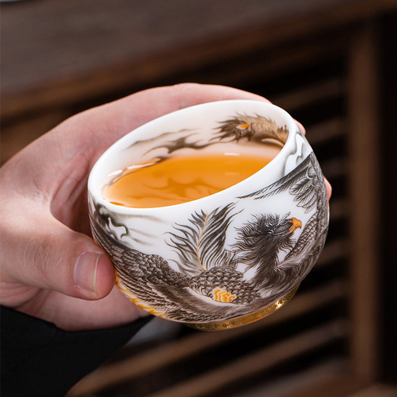 Nimara Ritual Phoenix White Porcelain Ceramic Teacup Kung Fu Tea Cup 185ml With Gift Box