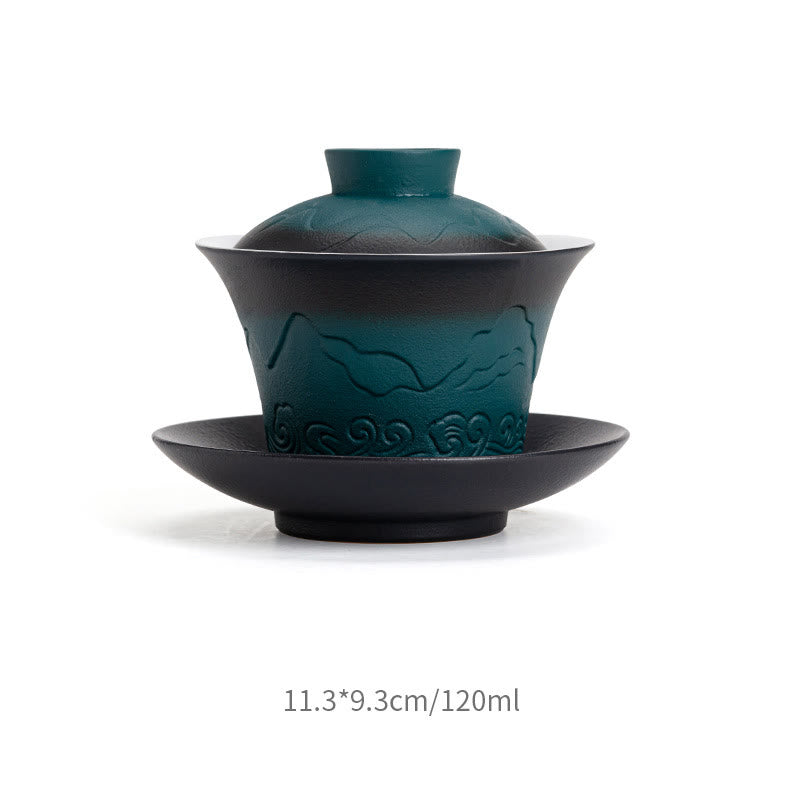 Nimara Ritual Retro Blue Ocean Sea Waves Gradient Ceramic Gaiwan Sancai Teacup Kung Fu Tea Cup And Saucer With Lid