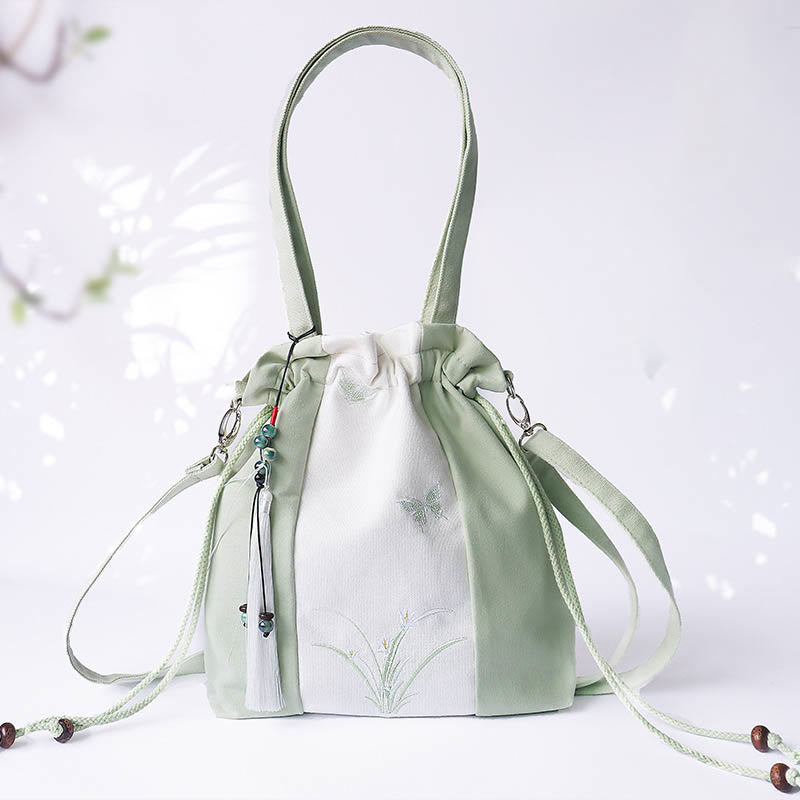 Nimara Ritual Embroidered Grass Flowers Cherry Blossom Canvas Tote Crossbody Bag Shoulder Bag Handbag