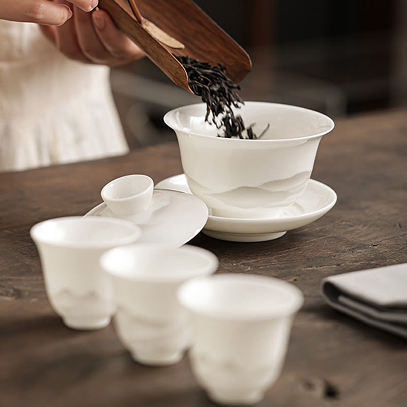 Nimara Ritual Vintage Ink Painting Mountain White Porcelain Ceramic Gaiwan Sancai Teacup Kung Fu Tea Cup And Saucer With Lid Tea Utensil Teapot