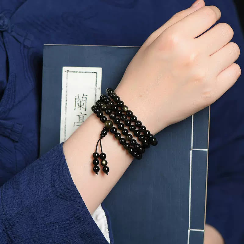 Nimara Ritual 108 Mala Beads Natural Gold Sheen Obsidian Wealth Bracelet