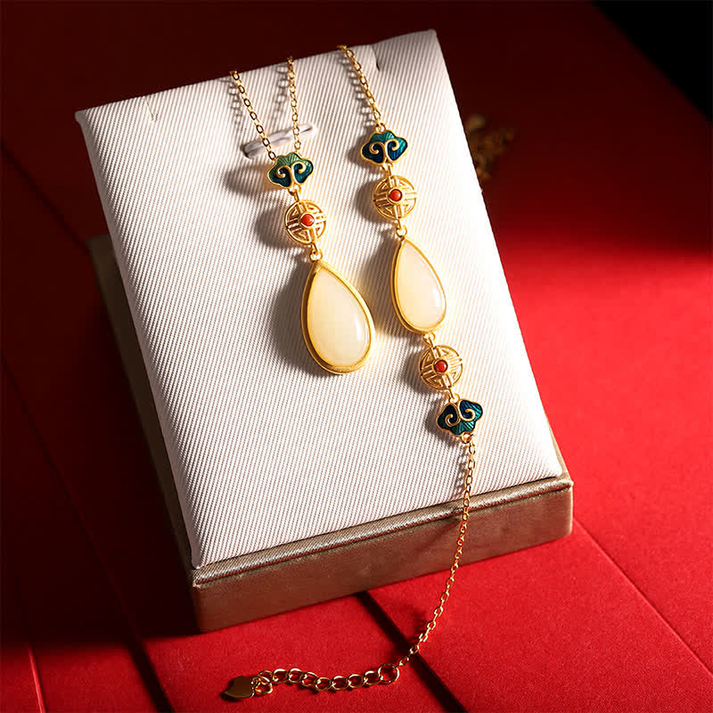 Nimara Ritual 925 Sterling Silver Hetian White Jade Water Drop Chain Necklace Pendant Bracelet