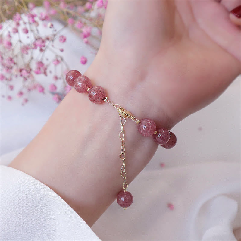 Nimara Ritual Natural Strawberry Quartz Pearl Four Leaf Clover Love Bracelet