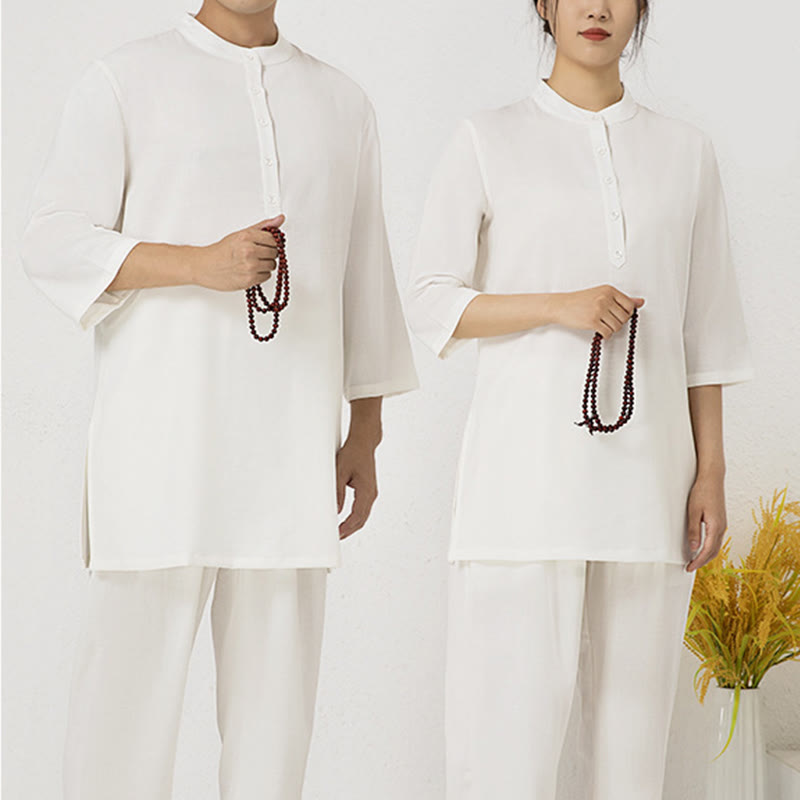 Nimara Ritual 2Pcs Buttons Men's Three Quarter Sleeve Shirt Top Pants Meditation Zen Tai Chi Cotton Linen Clothing Set