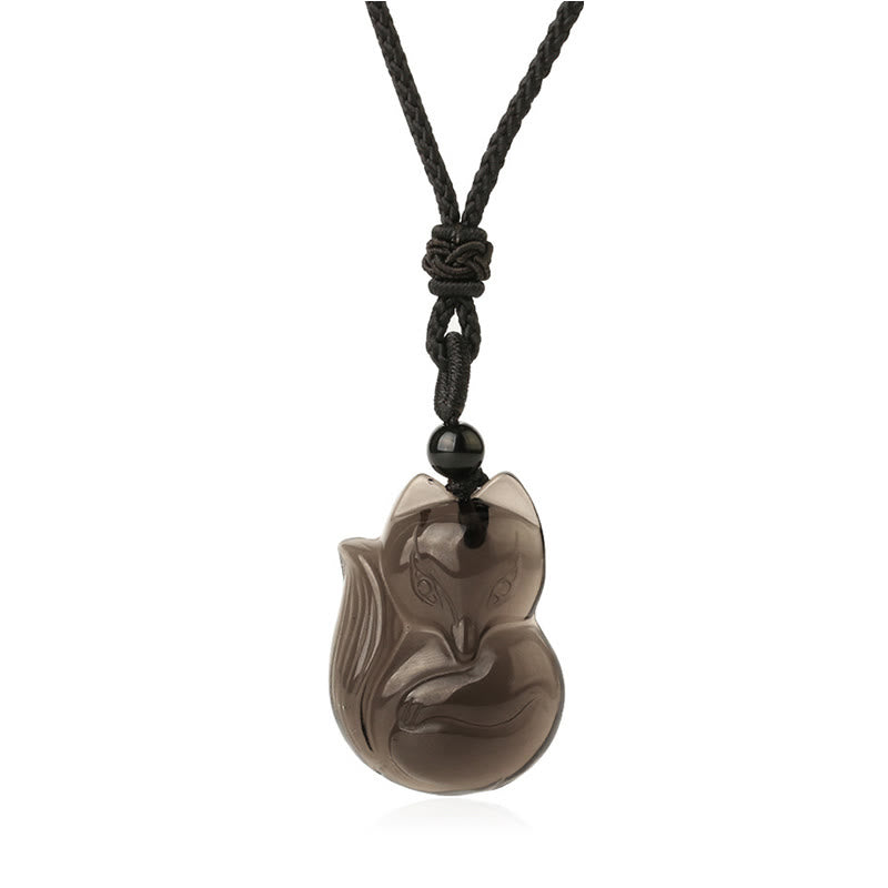 Nimara Ritual Natural Black Obsidian Tiger Eye Ice Obsidian Fox Pendant Amulet Necklace