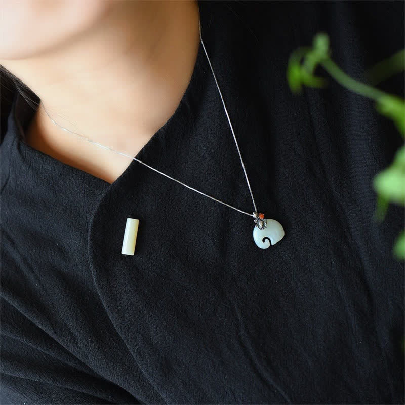Nimara Ritual White Jade Elephant Lotus Protection Necklace Pendant